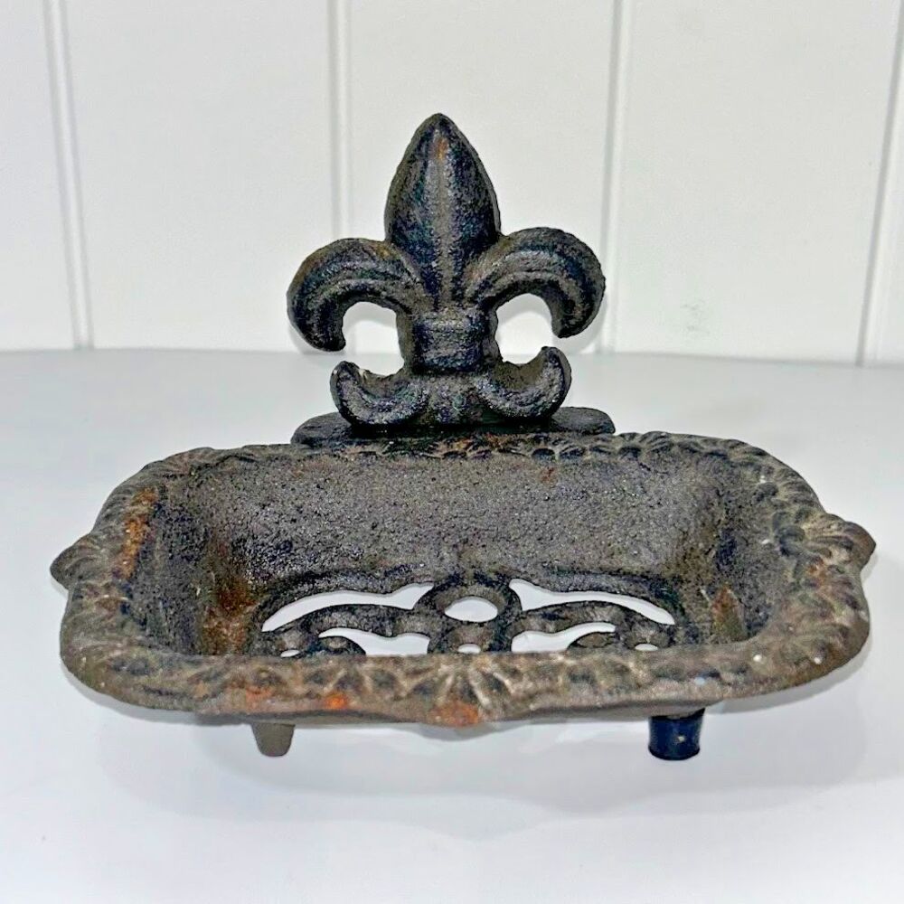 Homeessentials Cast Iron Soap Dish Farmhouse Fleur-de-lis Footed Ornate Vtg Look